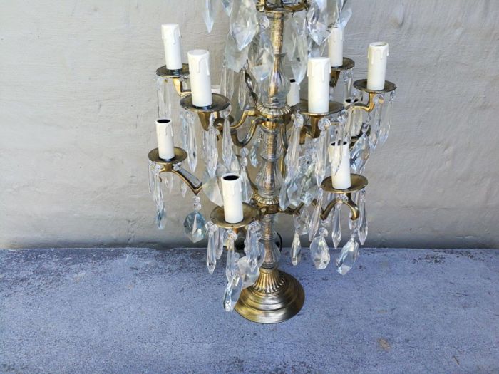 A Pair of French Girandole Gallery Candelabras / Brass and Crystal Table Lamps (Large) - Image 13