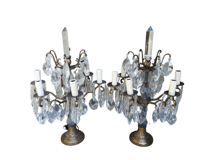 A Pair of French Style Gallery Brass and Crystal Table Lamp in a Gold Finish (Medium)