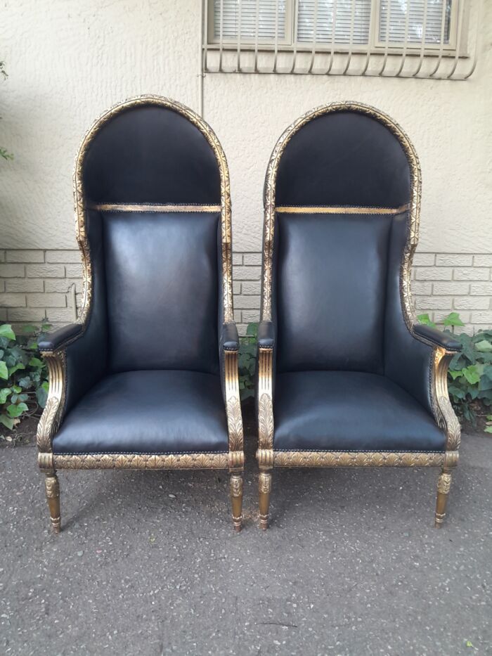 A Pair Of French Style Carved and Hand-Gilded with Gold Leaf Wooden Dome / Canopy Chairs Modelled On The Famous Louis XV Chair and Upholstered in Leather - Image 2