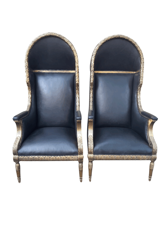 A Pair Of French Style Carved and Hand-Gilded with Gold Leaf Wooden Dome / Canopy Chairs Modelled On The Famous Louis XV Chair and Upholstered in Leather