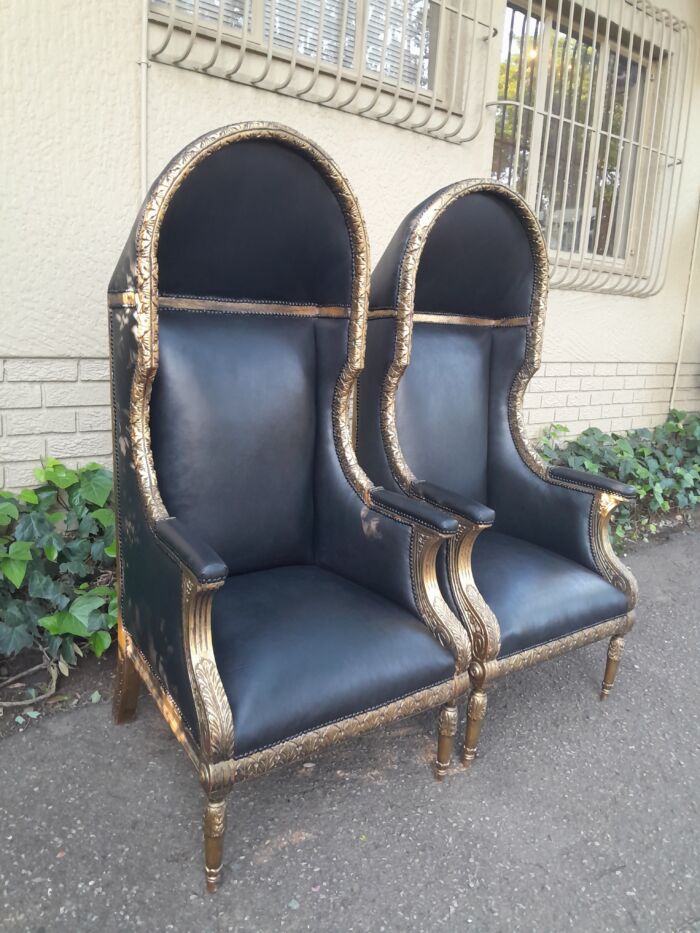 A Pair Of French Style Carved and Hand-Gilded with Gold Leaf Wooden Dome / Canopy Chairs Modelled On The Famous Louis XV Chair and Upholstered in Leather - Image 4