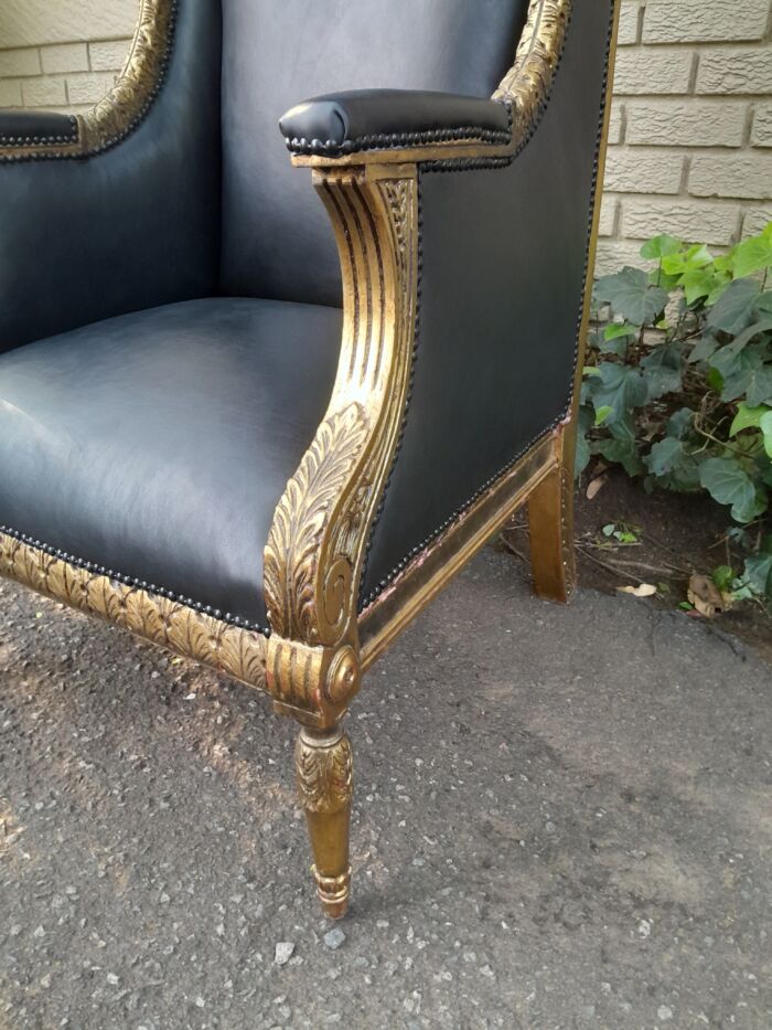 A Pair Of French Style Carved and Hand-Gilded with Gold Leaf Wooden Dome / Canopy Chairs Modelled On The Famous Louis XV Chair and Upholstered in Leather - Image 10