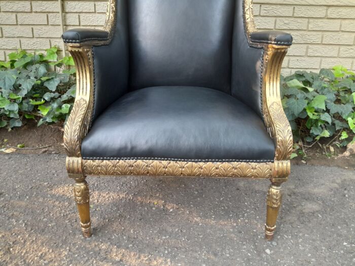 A Pair Of French Style Carved and Hand-Gilded with Gold Leaf Wooden Dome / Canopy Chairs Modelled On The Famous Louis XV Chair and Upholstered in Leather - Image 9