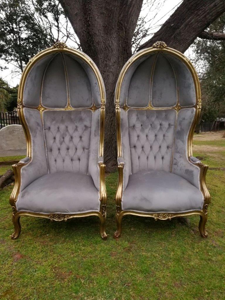 A Pair of French Style Carved and Gilded Wooden Dome/Canopy Chairs (modelled on the famous Louis XV Chair)