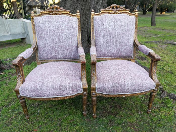 A Pair Of French Style Giltwood Ornate Arm Chairs On Fluted Legs - Image 3