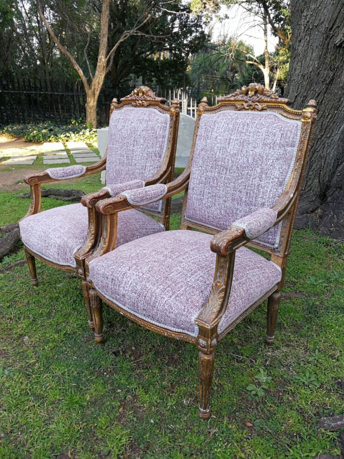 A Pair Of French Style Giltwood Ornate Arm Chairs On Fluted Legs - Image 5