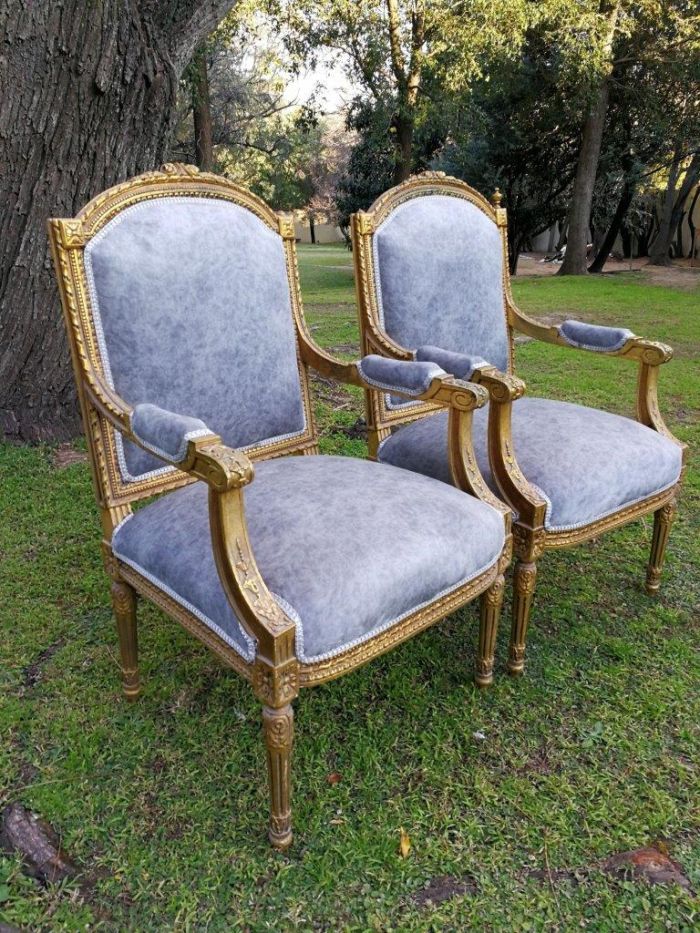 A Pair of French Style Giltwood Ornate Arm Chairs on Fluted legs  - Image 3