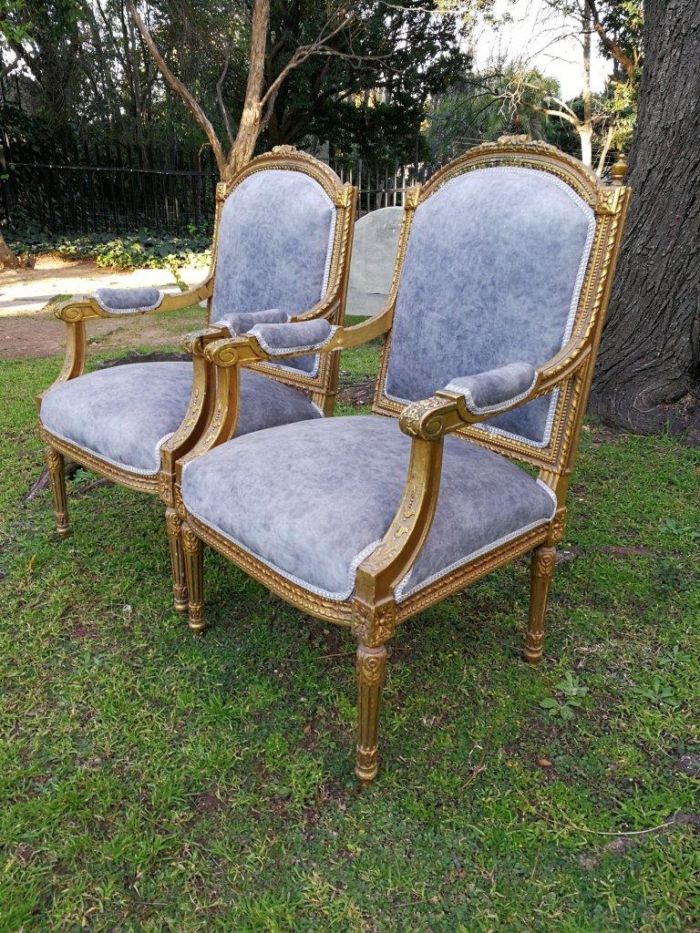 A Pair of French Style Giltwood Ornate Arm Chairs on Fluted legs  - Image 4
