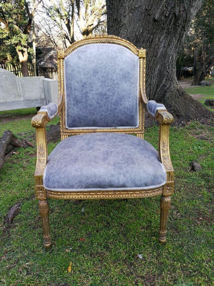 A Pair of French Style Giltwood Ornate Arm Chairs on Fluted legs  - Image 5