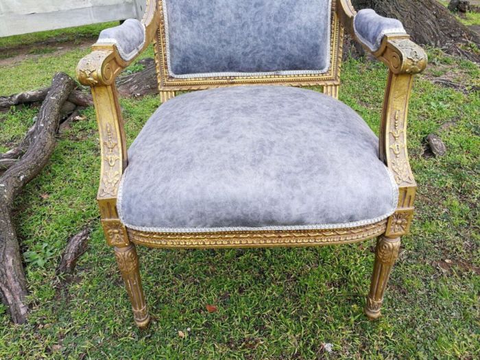 A Pair of French Style Giltwood Ornate Arm Chairs on Fluted legs  - Image 6