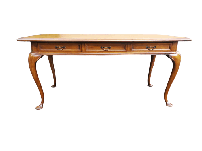 A 20th Century Victorian-Style Blonde Mahogany Desk With Leather And Gilt Tooling And Three Drawers With Brass Handles