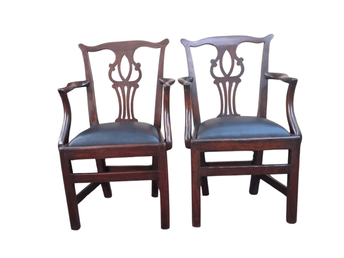 A 19th Century / Circa 1810 Victorian Pair of Carved Oak Armchairs Upholstered in Leather