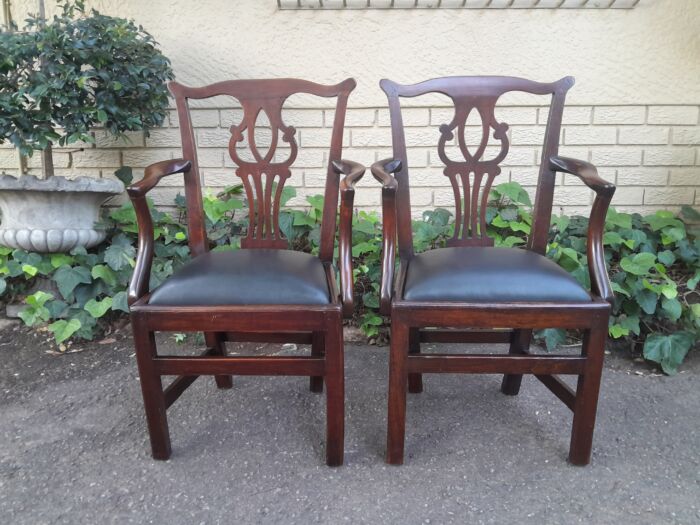 A 19th Century / Circa 1810 Victorian Pair of Carved Oak Armchairs Upholstered in Leather - Image 2