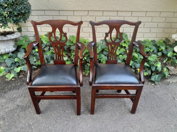 A 19th Century / Circa 1810 Victorian Pair of Carved Oak Armchairs Upholstered in Leather - Image 3