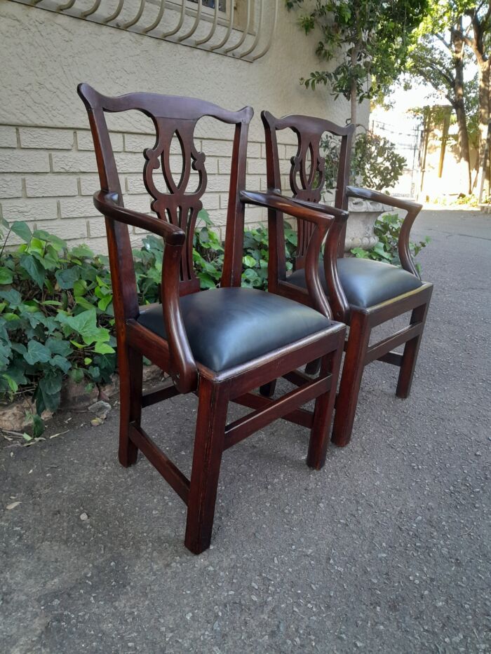 A 19th Century / Circa 1810 Victorian Pair of Carved Oak Armchairs Upholstered in Leather - Image 4