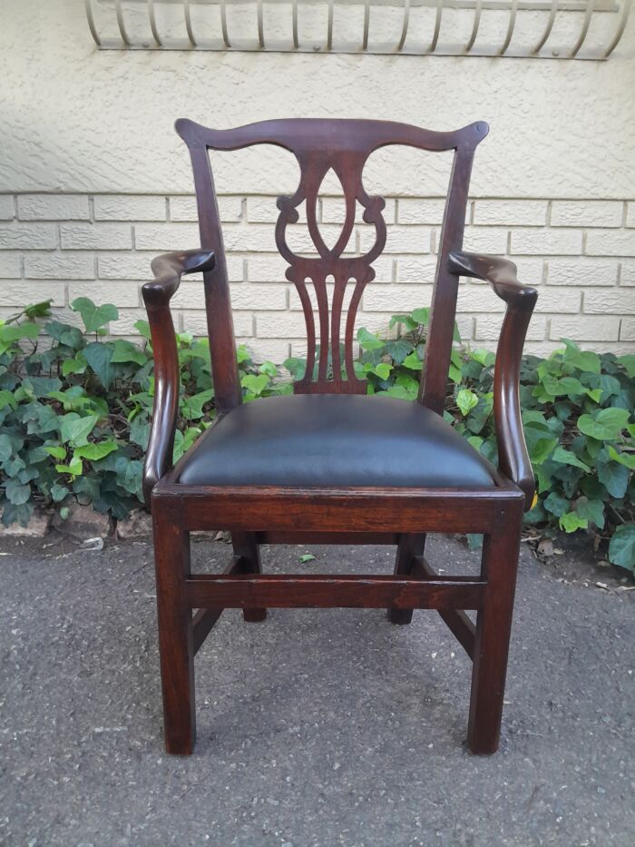A 19th Century / Circa 1810 Victorian Pair of Carved Oak Armchairs Upholstered in Leather - Image 5