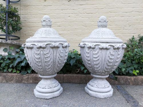 Pair Of Large Cement Urns With Lids