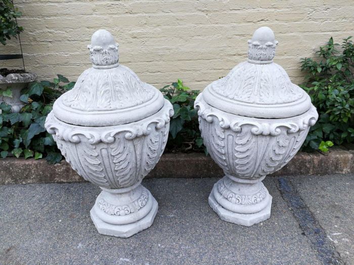 Pair Of Large Concrete Urns With Lids - Image 2