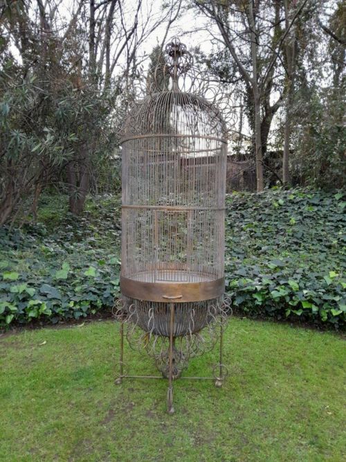 A 20th Century Hand-Gilded with Gold-Leaf  Wrought Ion Birdcage on Stand