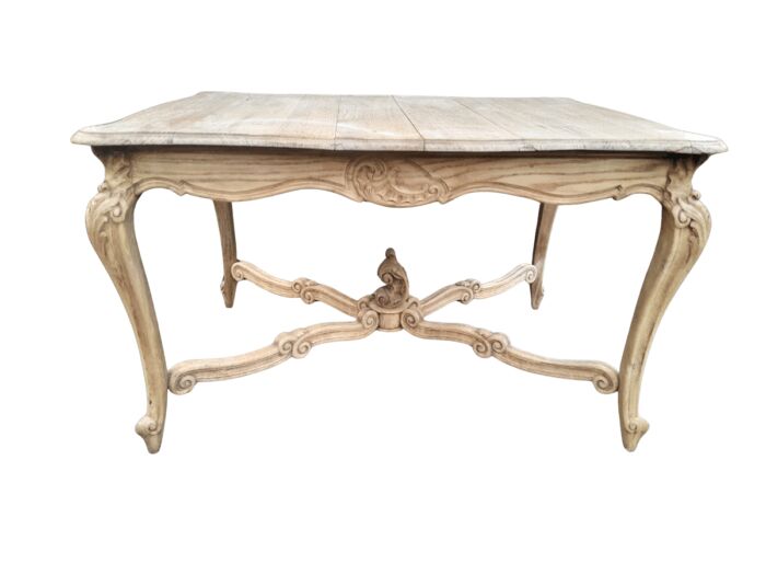 A 20th Century Carved Oak Dining / Entrance Table in a Contemporary Bleached / Natural Contemporary Wood Finish with Marble Top