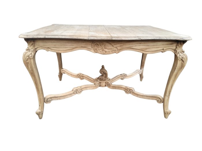 A 20th Century Carved Oak Dining / Entrance Table in a Contemporary Bleached / Natural Contemporary Wood Finish with Marble Top