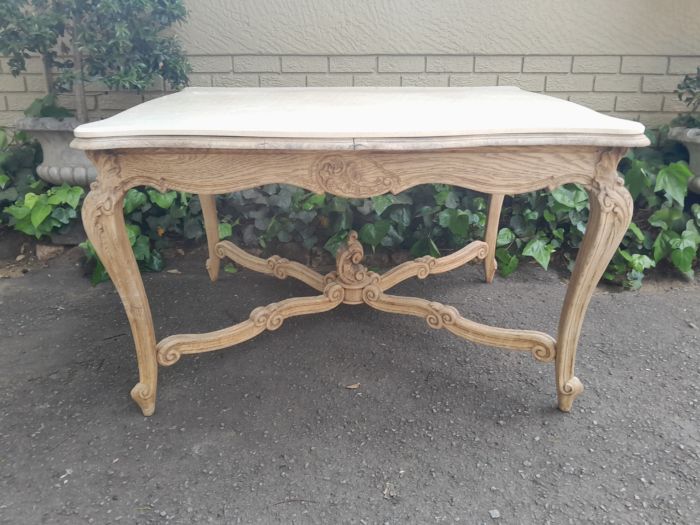 A 20th Century Carved Oak Dining / Entrance Table in a Contemporary Bleached / Natural Contemporary Wood Finish with Marble Top - Image 2