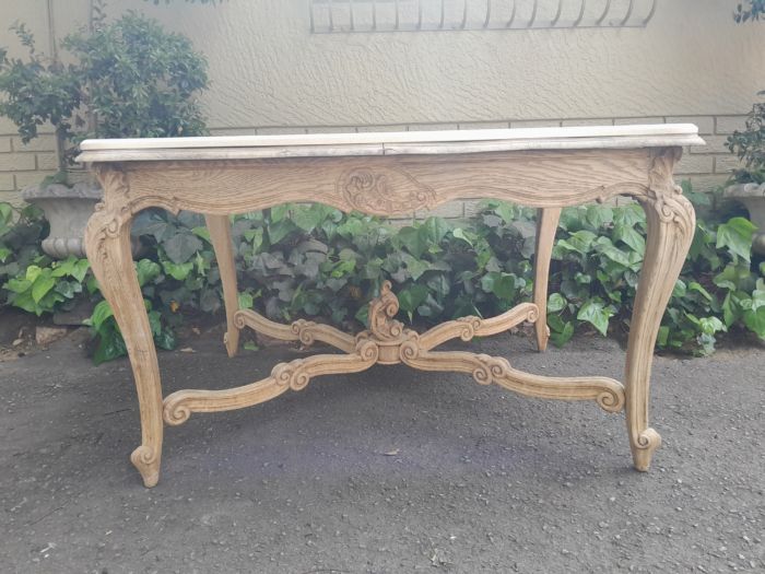 A 20th Century Carved Oak Dining / Entrance Table in a Contemporary Bleached / Natural Contemporary Wood Finish with Marble Top - Image 3