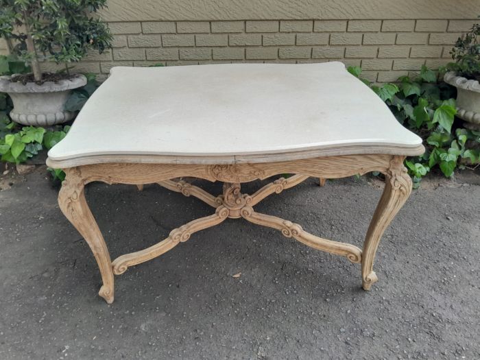 A 20th Century Carved Oak Dining / Entrance Table in a Contemporary Bleached / Natural Contemporary Wood Finish with Marble Top - Image 4