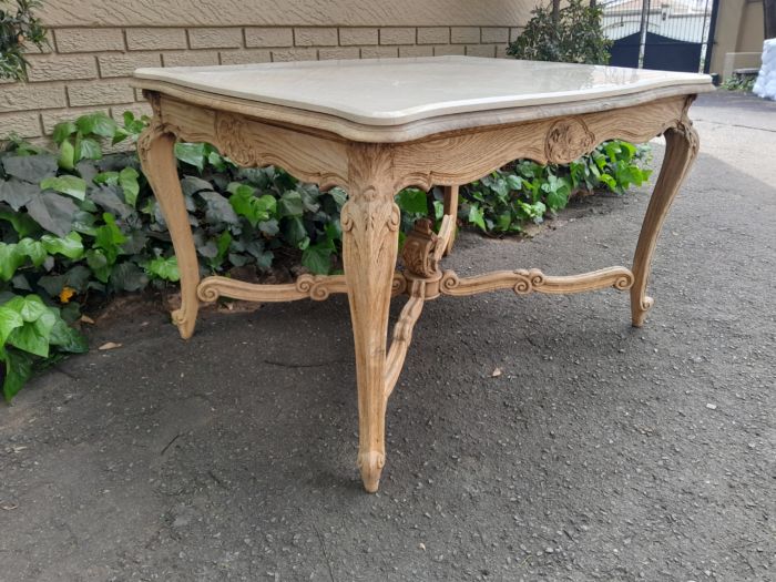 A 20th Century Carved Oak Dining / Entrance Table in a Contemporary Bleached / Natural Contemporary Wood Finish with Marble Top - Image 6