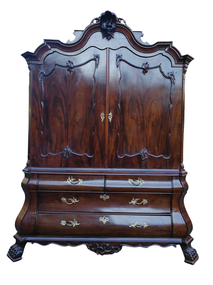 An 18th Century Circa 1770 Dutch Mahogany Armoire / Cabinet With The Original Glit Brass Rococo Handles And Lock And Key. The Middle Drawer Has Two Secret Sliding Locks To A Secret Panel Opening Four Secret Drawers