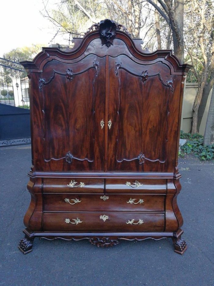 An 18th Century Circa 1770 Dutch Mahogany Armoire / Cabinet With The Original Glit Brass Rococo Handles And Lock And Key. The Middle Drawer Has Two Secret Sliding Locks To A Secret Panel Opening Four Secret Drawers - Image 3