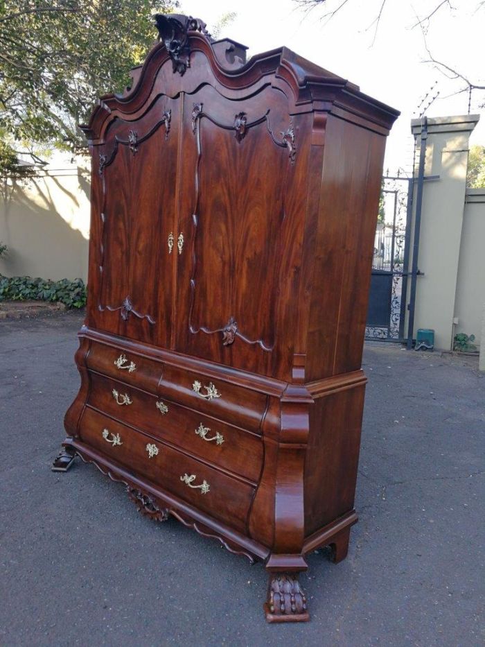 An 18th Century Circa 1770 Dutch Mahogany Armoire / Cabinet With The Original Glit Brass Rococo Handles And Lock And Key. The Middle Drawer Has Two Secret Sliding Locks To A Secret Panel Opening Four Secret Drawers - Image 4