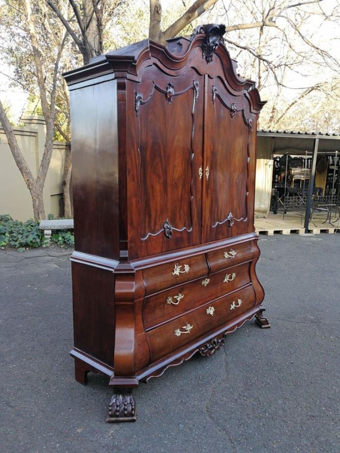 An 18th Century Circa 1770 Dutch Mahogany Armoire / Cabinet With The Original Glit Brass Rococo Handles And Lock And Key. The Middle Drawer Has Two Secret Sliding Locks To A Secret Panel Opening Four Secret Drawers - Image 5