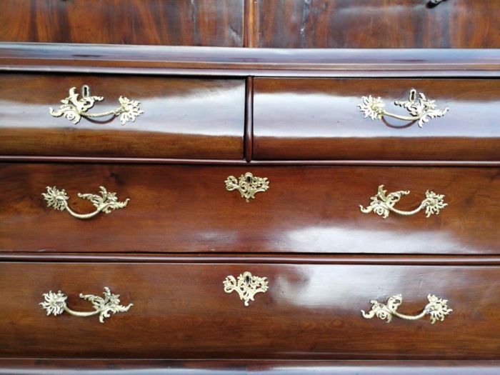 An 18th Century Circa 1770 Dutch Mahogany Armoire / Cabinet With The Original Glit Brass Rococo Handles And Lock And Key. The Middle Drawer Has Two Secret Sliding Locks To A Secret Panel Opening Four Secret Drawers - Image 8