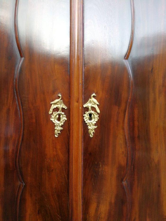 An 18th Century Circa 1770 Dutch Mahogany Armoire / Cabinet With The Original Glit Brass Rococo Handles And Lock And Key. The Middle Drawer Has Two Secret Sliding Locks To A Secret Panel Opening Four Secret Drawers - Image 9