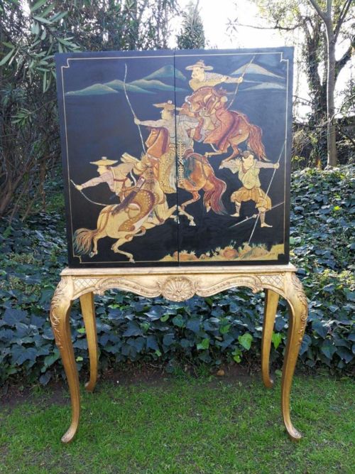 A Mid 20th Century Chinoisserie Wooden Painted Cabinet With Original Artist Signature A. Zagni  Interior Black Painted With Shelf And With Lock And Key