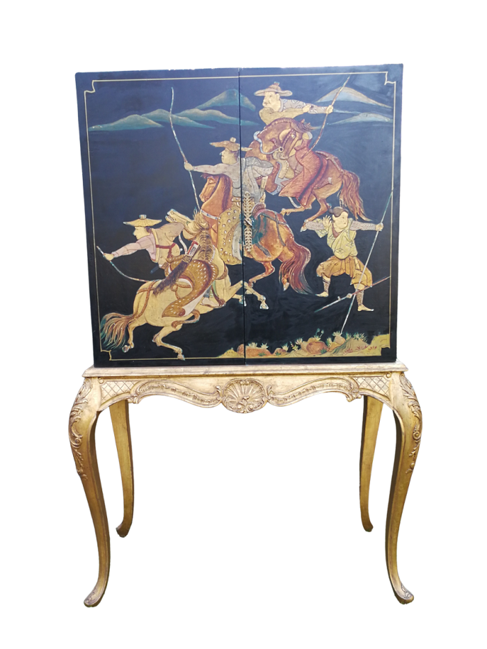 A Mid 20th Century Chinoiserie Wooden Painted Cabinet With Interior Black Painted With Shelf And With Lock And Key