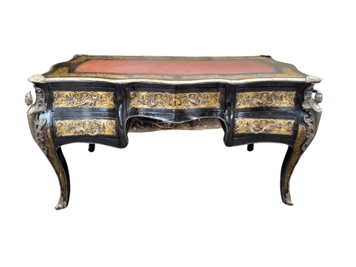 A 19th Century Circa 1850 French Louis XV-style Napoleon III Period Boulle Marquetry Bureau Plat with Burgandy Leather Writing Surface and Drawers ND
