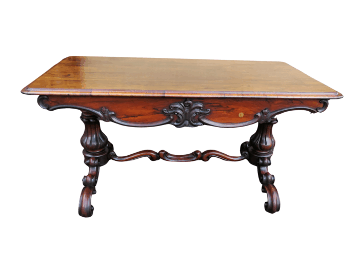 A 19th Century Circa 1860 Victorian Rosewood Carved Library Table With BADA Stamp (British Antique Dealers Association) On Castors