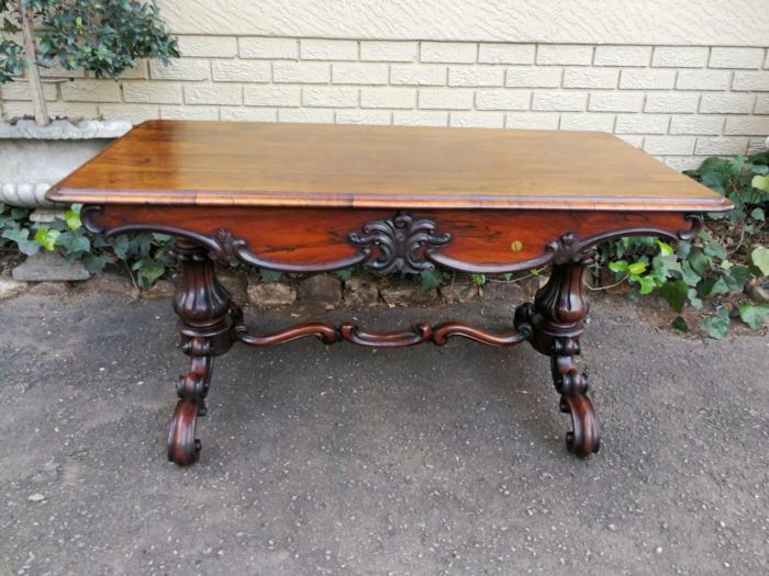 A 19th Century Circa 1860 Victorian Rosewood Carved Library Table With BADA Stamp (British Antique Dealers Association) On Castors - Image 2