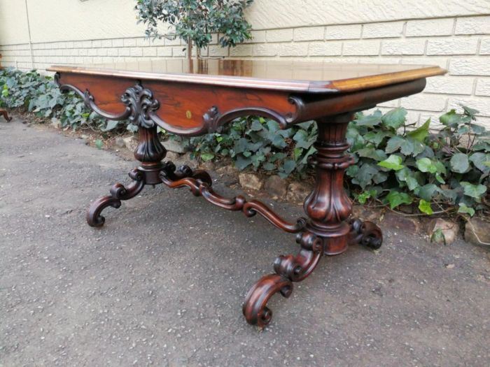 A 19th Century Circa 1860 Victorian Rosewood Carved Library Table With BADA Stamp (British Antique Dealers Association) On Castors - Image 3