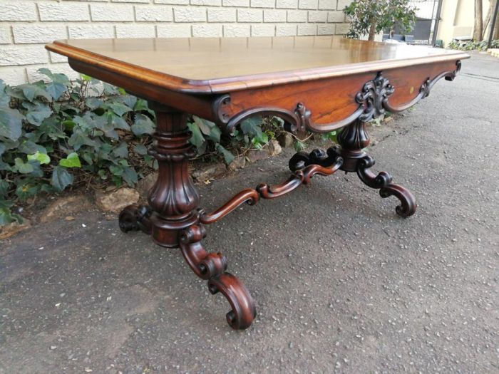 A 19th Century Circa 1860 Victorian Rosewood Carved Library Table With BADA Stamp (British Antique Dealers Association) On Castors - Image 4