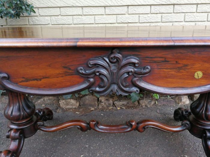 A 19th Century Circa 1860 Victorian Rosewood Carved Library Table With BADA Stamp (British Antique Dealers Association) On Castors - Image 5