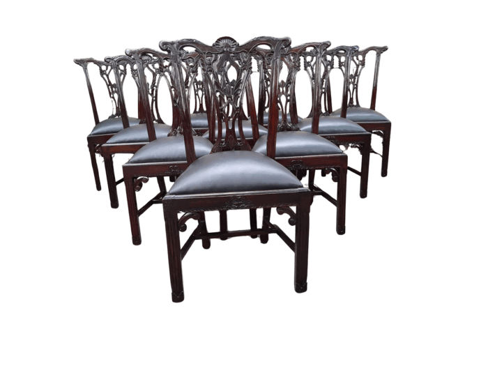 A 20th Century Set of Ten English Mahogany Chippendale Style Chairs with Leather Upholstered Seats