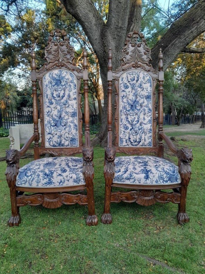 A 20th Century Pair of Large French Style Ornate Wooden Carved Throne Armchairs