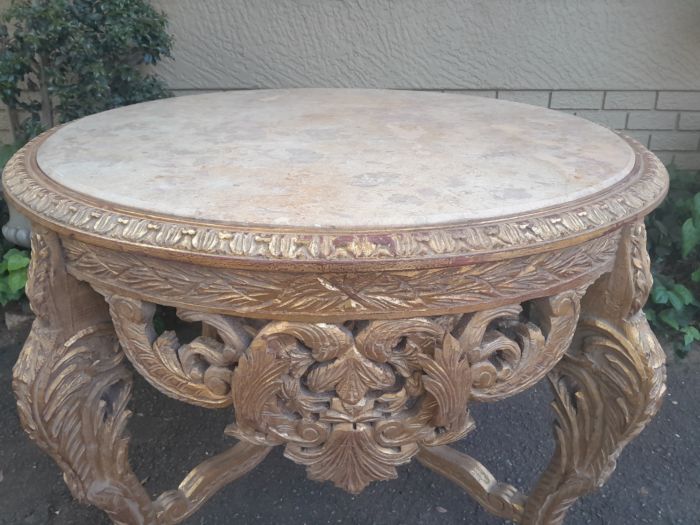 A 20th Century French Style Carved and Hand Gilded Side Table with Marble Top - Image 6