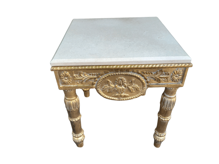 A 20th Century French Style Ornately Carved Side Table with Marble Top