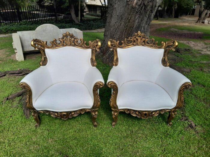 A French Style Pair of Ornately Carved Gilt Wood Armchairs - Image 2