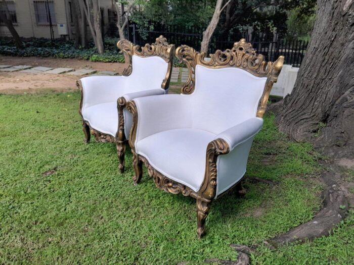A French Style Pair of Ornately Carved Gilt Wood Armchairs - Image 4