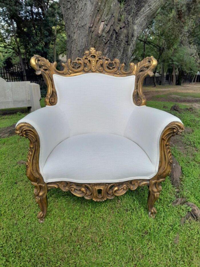 A French Style Pair of Ornately Carved Gilt Wood Armchairs - Image 5